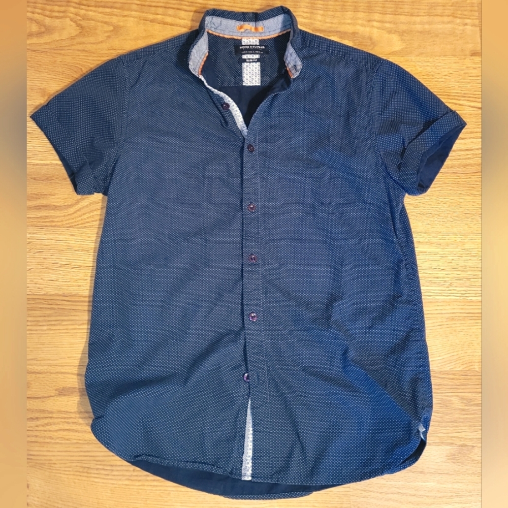 Denim and Flower Mens Shirt Slim Button Down Small Navy
